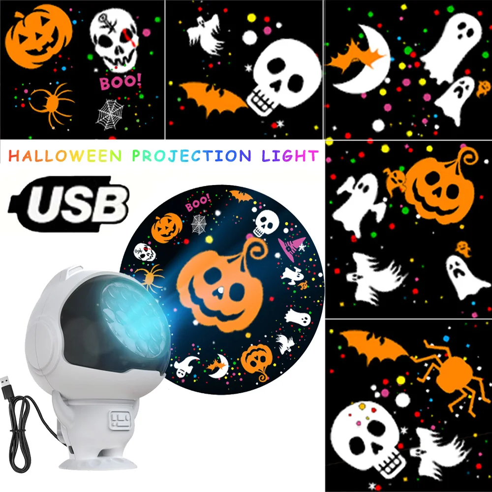 Halloween USB Decor Projection Light Lively Pumpkin/Spider/Witch Hat/Bat/Ghost/Boo Patterns Fairy Lamp for Room Christmas Party