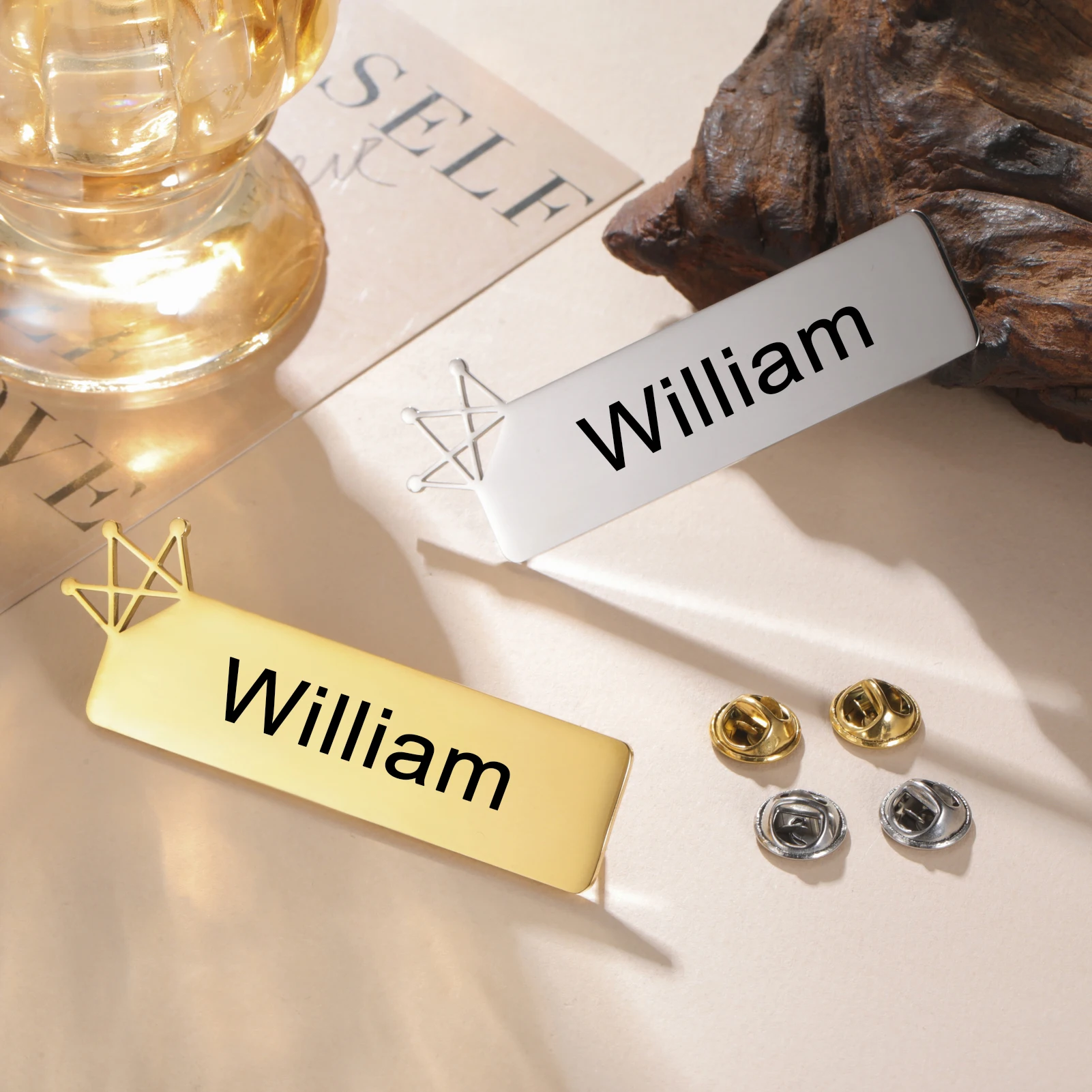 

Lemegeton Персонализированная брошь с именем на заказ, Корона, Звезда, значок, булавка, выгравированный логотип, текст, бизнес-ID, ювелирные изделия из нержавеющей стали, подарок на вечеринку