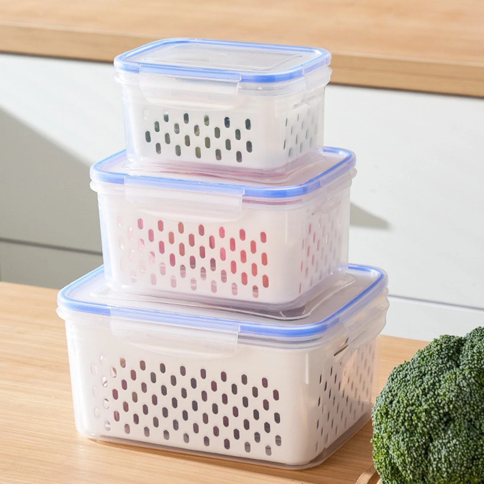 3Pcs Fridge Food Storage Container Leakproof Stackable Airtight Produce Storage Containers for Keep Berry Fruits Fresh Longer