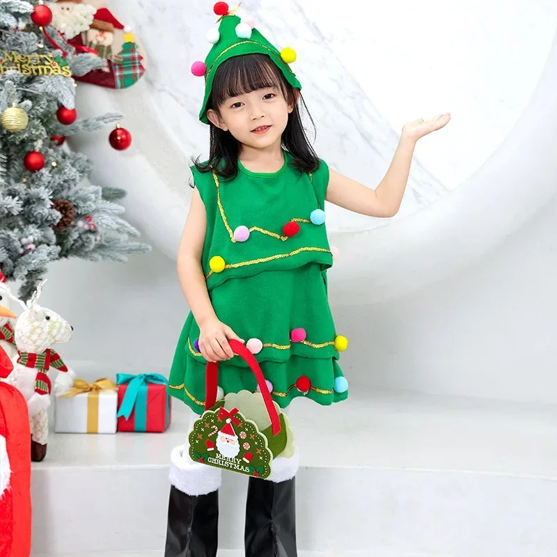 Christmas Kids Clothes Girl Cosplay Green Elf Santa Costume Toddler Xmas Suit Gift scarf and pink Christmas doll