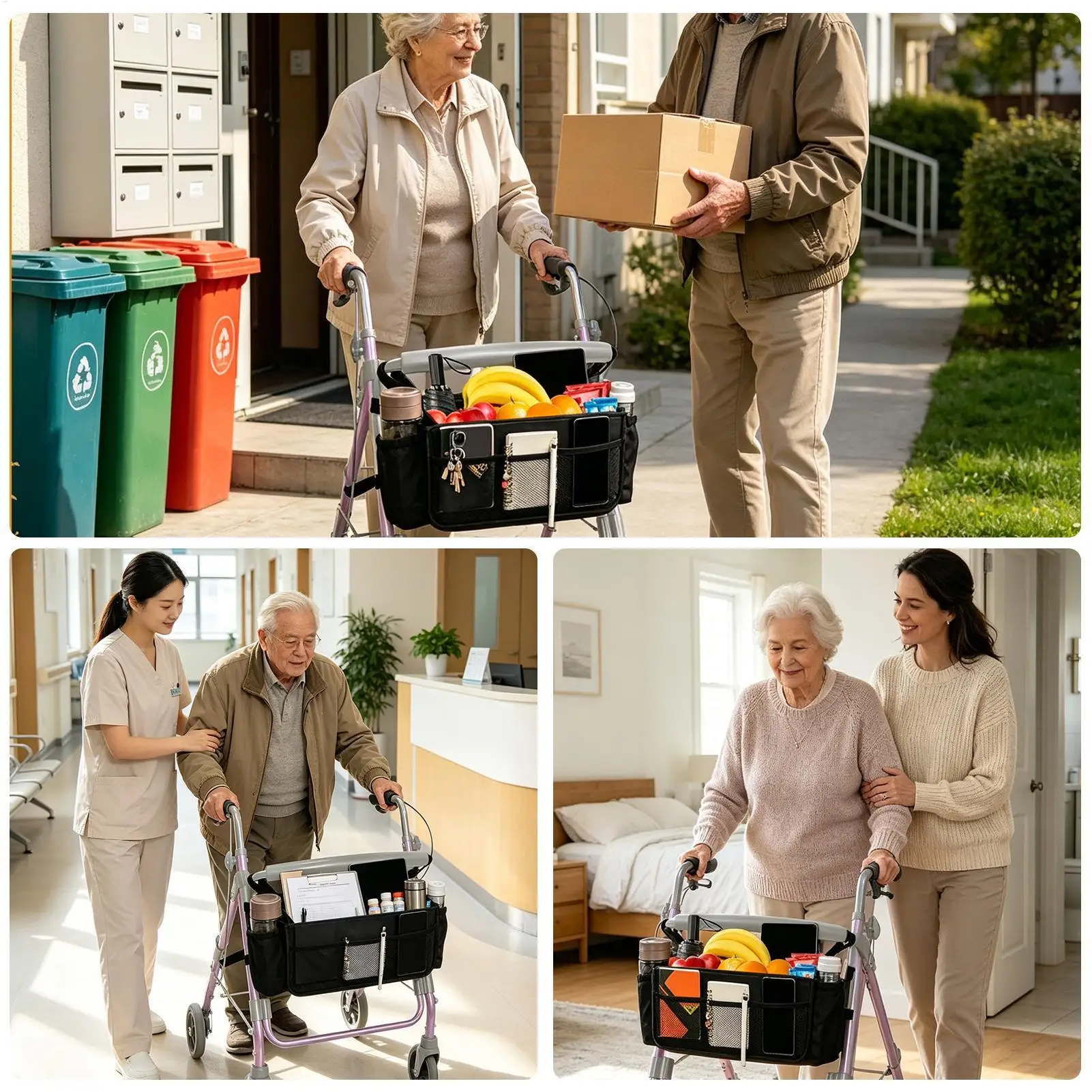 Rollator Basket Foldable Organizer Pouch With Cup Holder Folding Rollator Bag For Seniors Home Indoor Outdoor Walking Outing