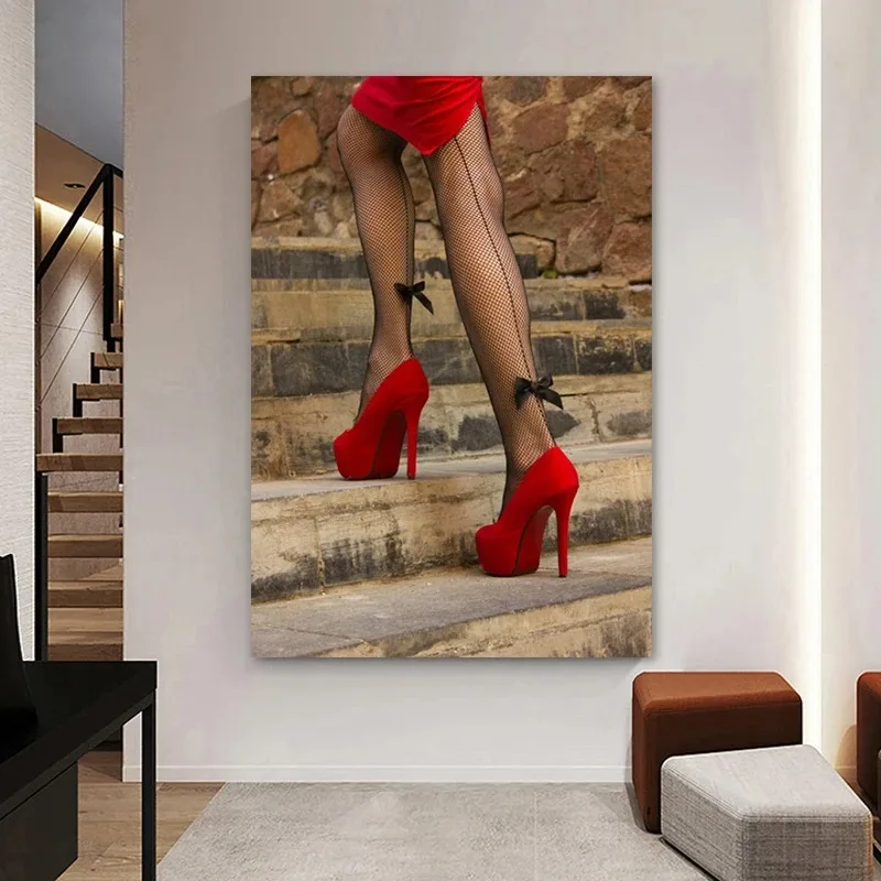 Sexy Red Lip Mesh Socks and High Heels Posters and Prints Modern Women's Painting Wall Art Pictures for Living Room Home Decor