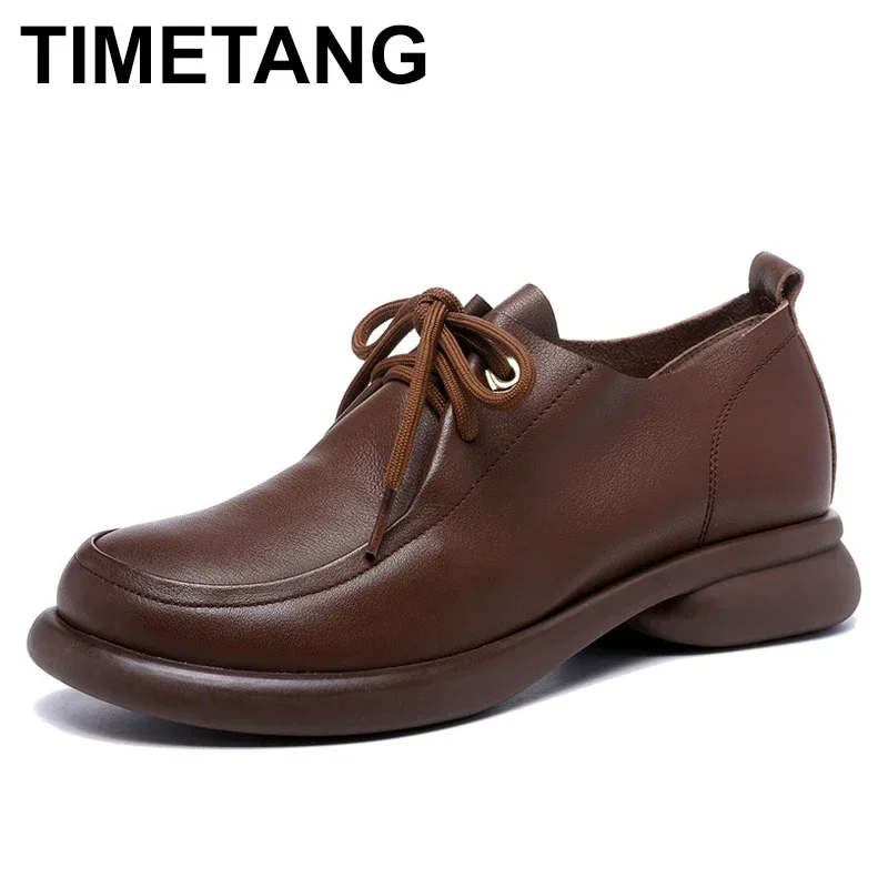 2024 Platform Shoes Women Genuine Calfskin Round Toe Cross Tied Closure Oxford Shoes Ladies Casual Flat Shoes Handmade