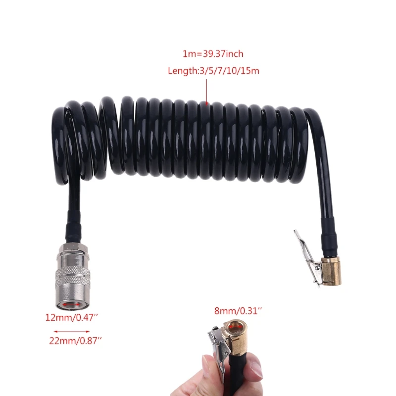 3/10/15m Flexible PU Recoil Hose Spring Tube Black For Compressor Air Tool