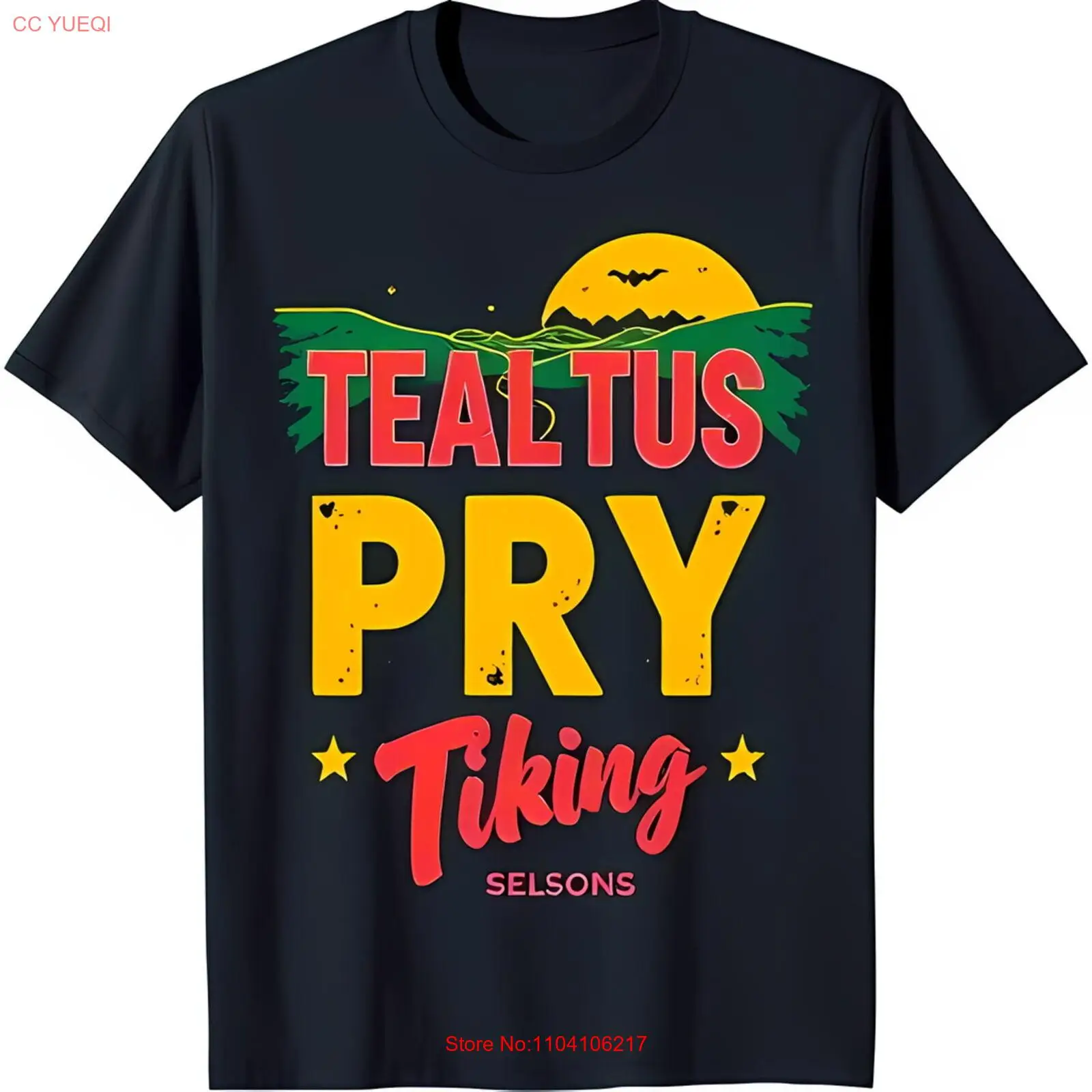 Retro Teal Tus Pry Tiking Graphic T-Shirt with Sunset & Bat Design