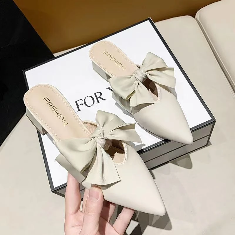 Summer 2024 Mules Shoes With Heel Women\'s Slippers And Ladies Sandals Bow Slides Pointed Toe Chic Point Hot Low Price Waterproof