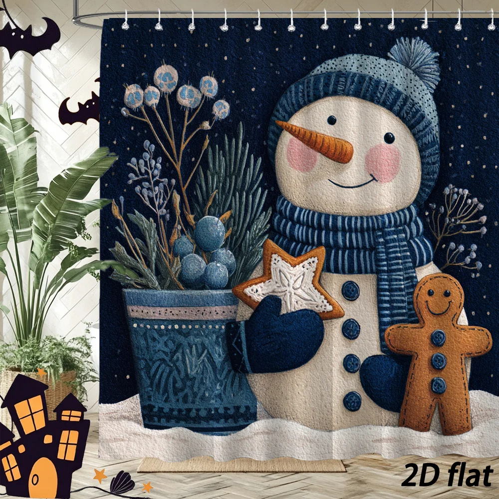 Whimsical Christmas Snowman Gingerbread Man Shower Curtain Waterproof Holiday Bathroom Decor Nordic Xmas Seasonal Novelty curtai