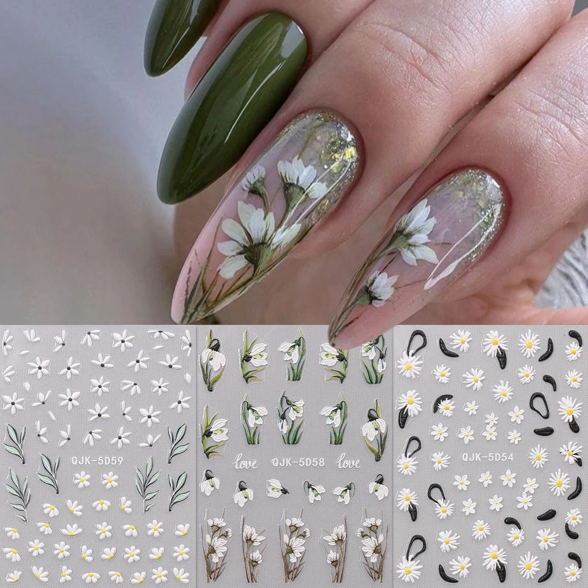 3pcs spring and summer flowers and plants delicate embossed nail art stickers, easy to apply for nail decoration, DIY, gifts, pa