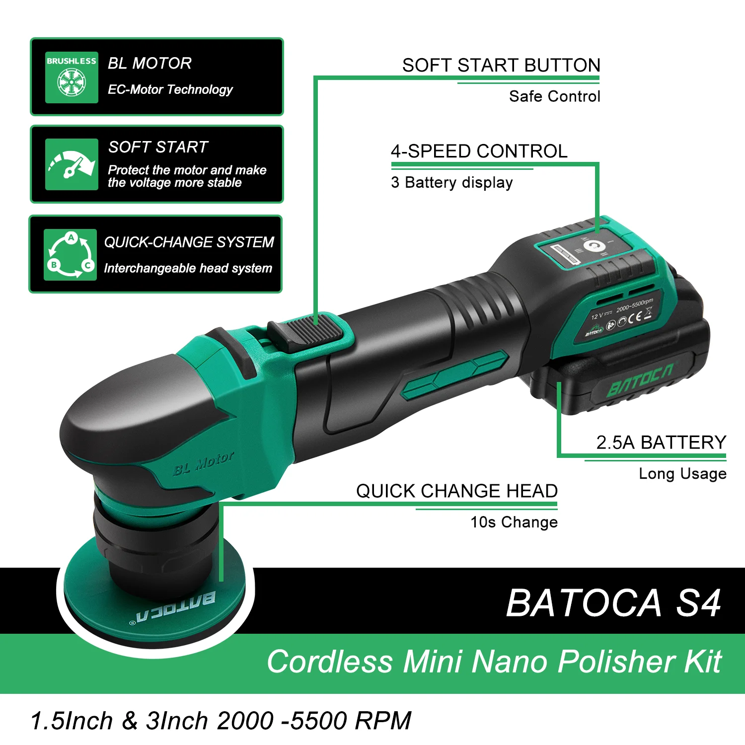 BATOCA S4 Cordless Car Polisher Mini Nano Wireless Polishing Machine Kit Quick Change Heads Brushless Motor 3/12mm Orbital