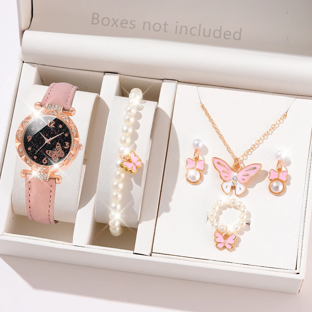 6 PCS/Set For Women\'s Elegant Butterfly Quartz Wristwatch PU Leather Watch And Pearl Jewelry Set As A Gift For Girls