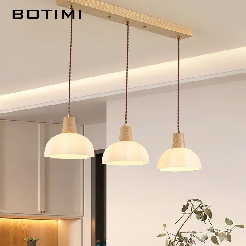 Wooden Pendant Lights With Glass Lampshades For Dining Modern Ash Wood Kitchen Restaurant Hanging Lamp Triple Island Lighting