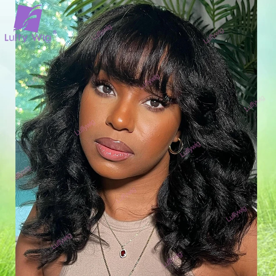 

200 Density Kinky Yaki Wavy Human Hair Wigs With Bangs Brazilian Scalp Top Short Bob Cut Bang Wig Glueless For Black Women Luffy