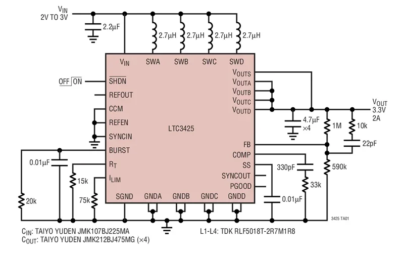 LTC3425EUH LTC3425 - 5A, 8MHz, 4-Phase Synchronous Step-Up DC/DC Converter