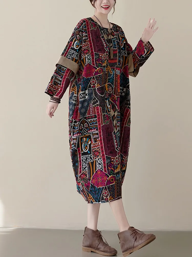 Women Casual Dress New 2022 Autumn Vintage Style All-match Print Loose Comfortable Female Cotton Linen Long Dresses B2164