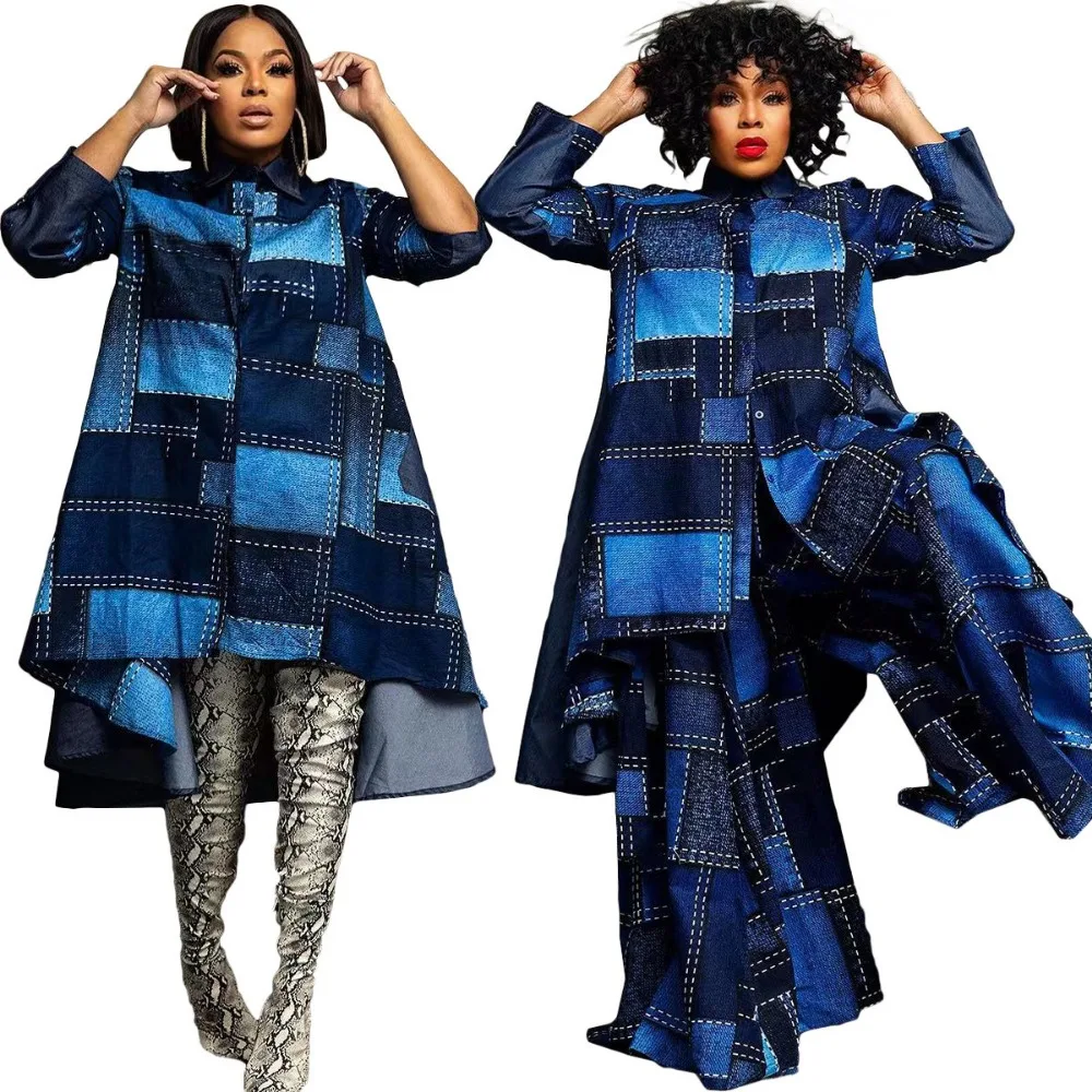 

Spring Autumn Women Clothing Patchwork Faux Denim Two-Piece Set Oversized Long Sleeve Shirt Wide-Leg Pants Vintage Harajuku Suit