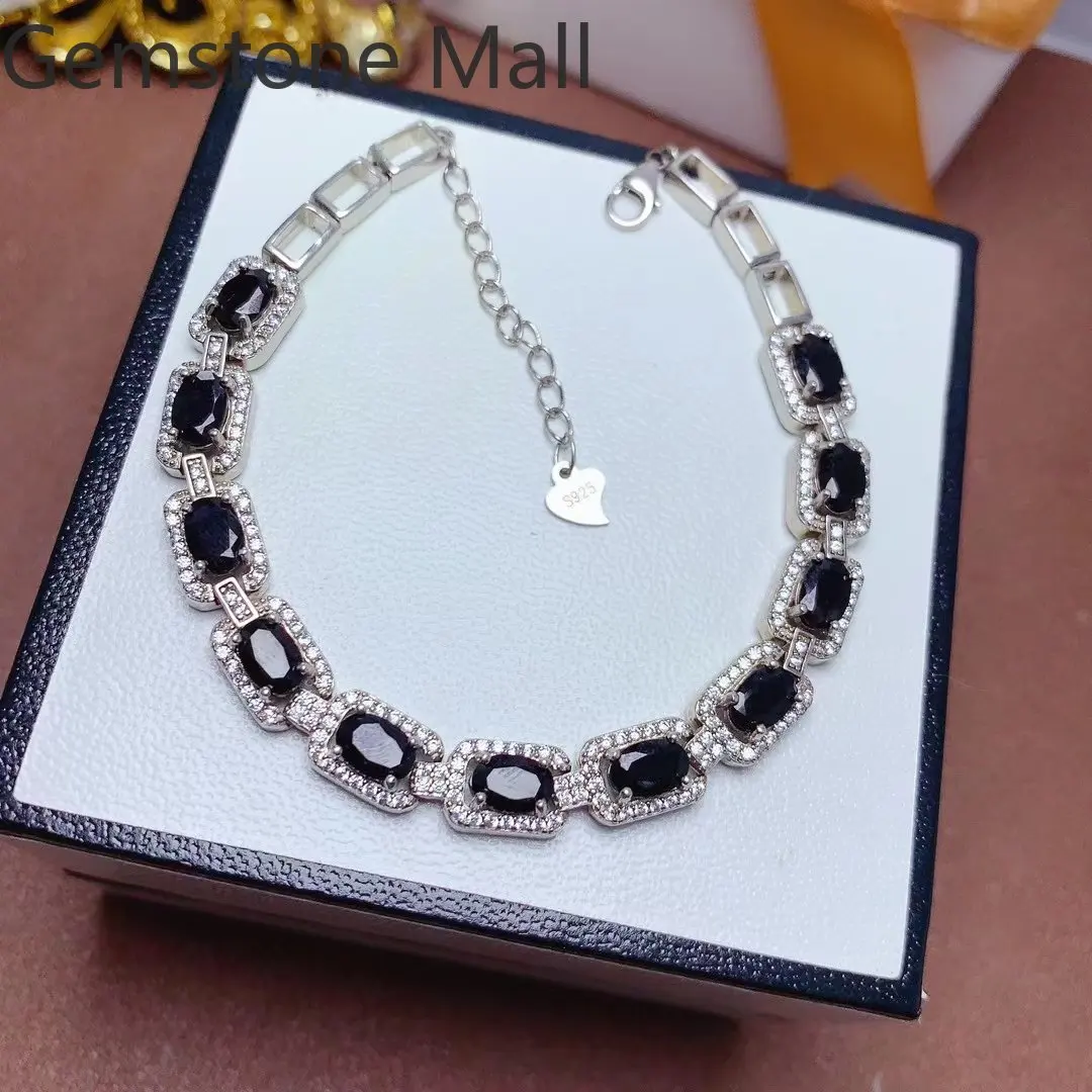 

925 Silver Black Sapphire Bracelet for Woman 11 Pieces 4mm*6mm Total 5.5ct Natural Sapphire Silver Bracelet with Gold Plating