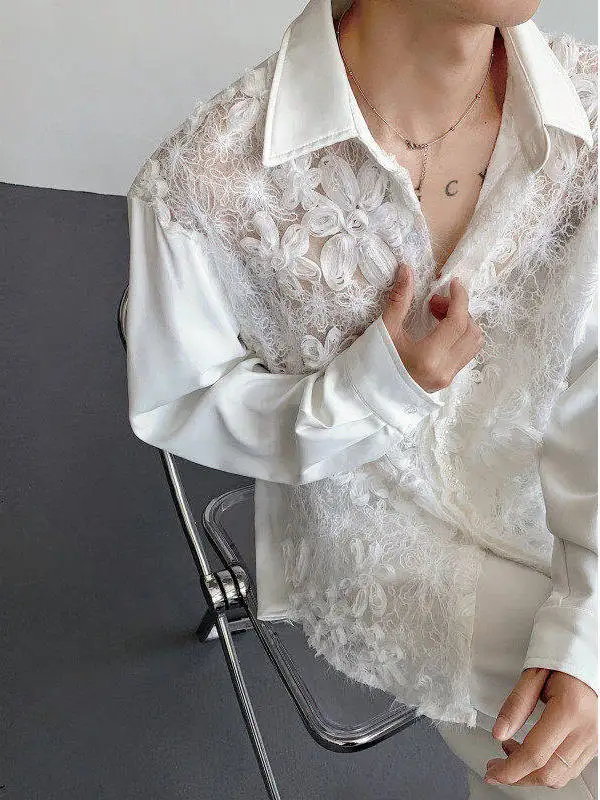 

Lightweight Hollow out Lace irt Men's Long Sve Design Sensation Small Pearl Heavyweight Luxury irt Summer Season