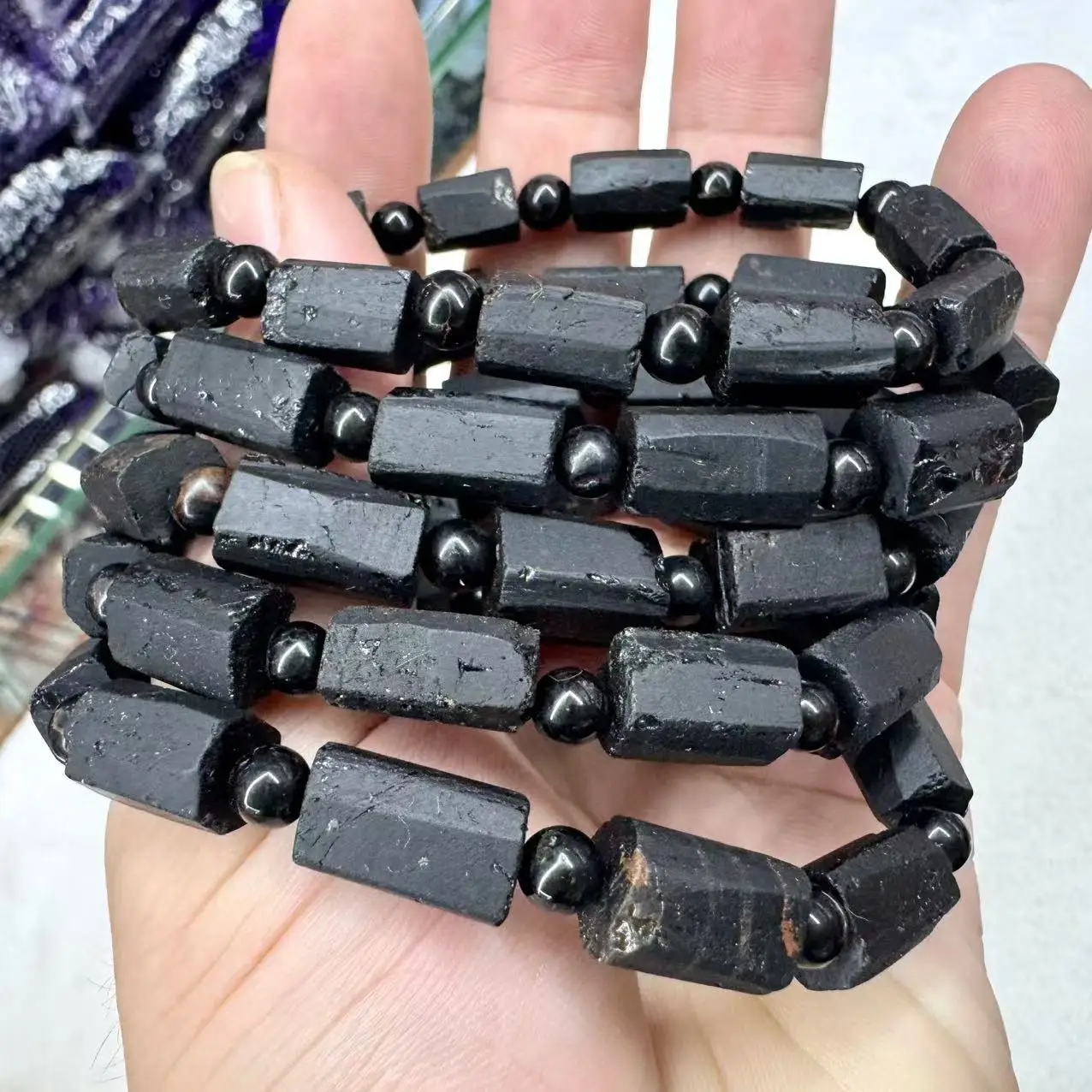 Column Natural Black Tourmaline Stone Beads Bracelet Natural Gemstone Jewelry For Women Wholesale