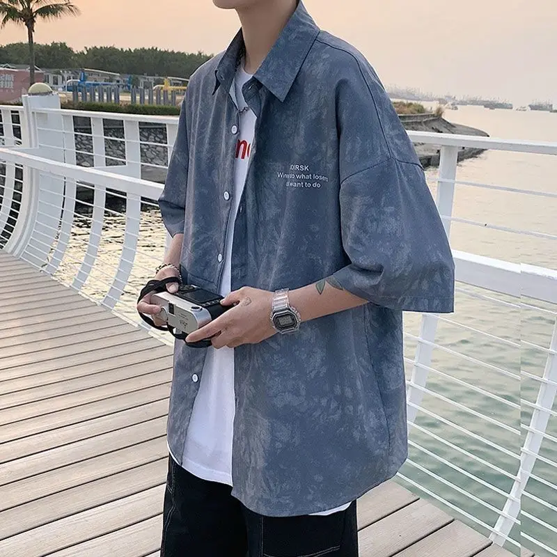 

Tie-Dyed Short Sleeve Shirts for Man Clothes Harajuku Single Breasted Male Summer Blouse Tops Boys Half Sleeved Blouses
