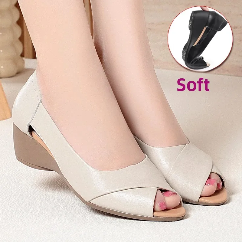 Belle Mare Genuine Leather Wedge Sandals Women's Summer Comfortable Soft Bottom Slip-On Fish Mouth Shoes Middle-Aged Mothers