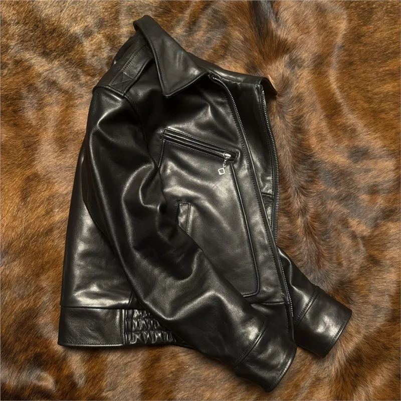 Full-grain wax-dyed calfskin mechanic leather men's short lapel style