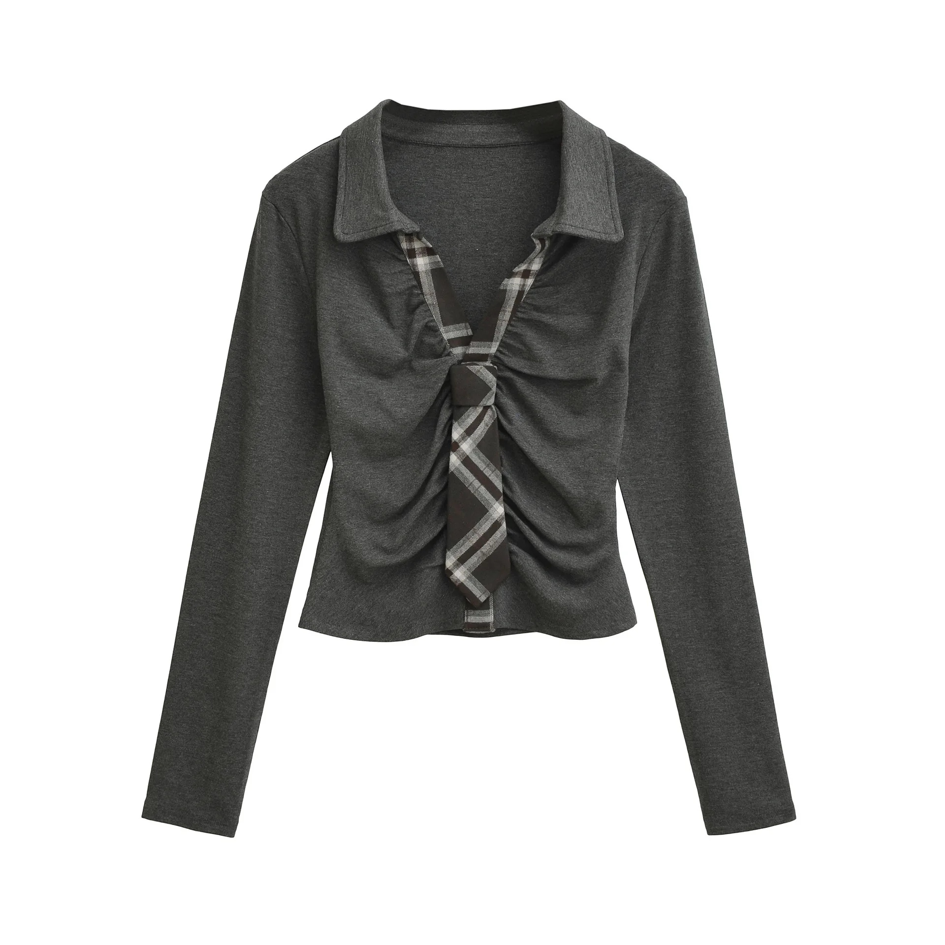 Camisa Polo fruncida ajustada con lazo a cuadros de dos piezas falsa para chica picante de estilo americano, Top para mujer, Camisa corta de cintura alta de otoño GFGX