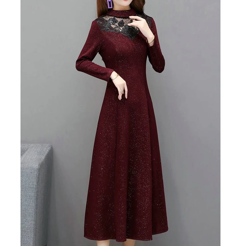 

Spring Autumn New Patchwork Lace Solid Ladies Dresses Long Sleeve Hollow Out Black Elegant Dress Fashion Vintage Women Clothing