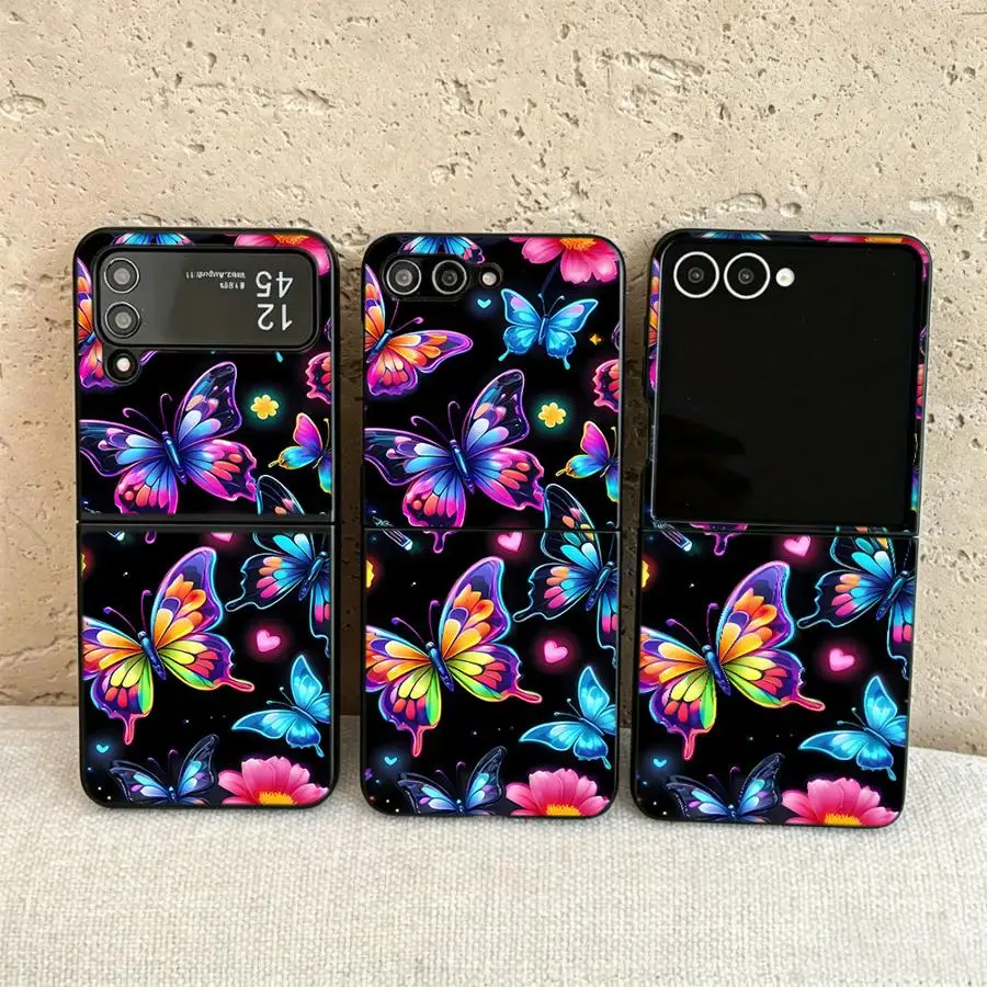 Back Phone Cover Funda Case for Samsung Galaxy Z Flip 7 6 5 4 3 Flip7 FE Flip6 Flip5 Flip4 Flip3 Neon Butterflies