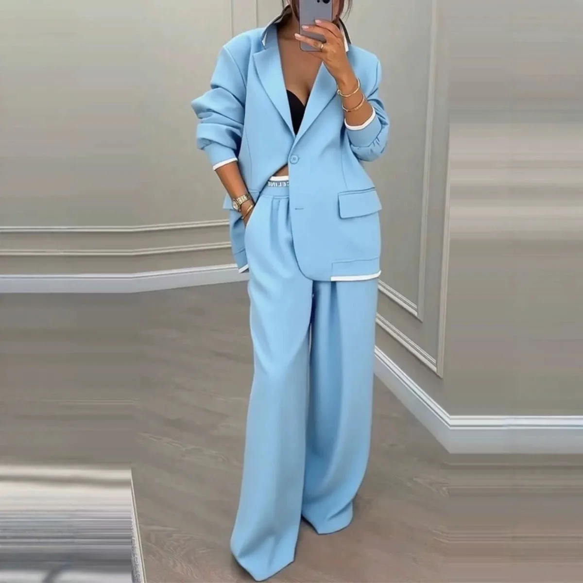 2 pieces women sets 2026 Autumn spring solid color New long-sleeved blazer Casual wide-leg pants suits women's clothing
