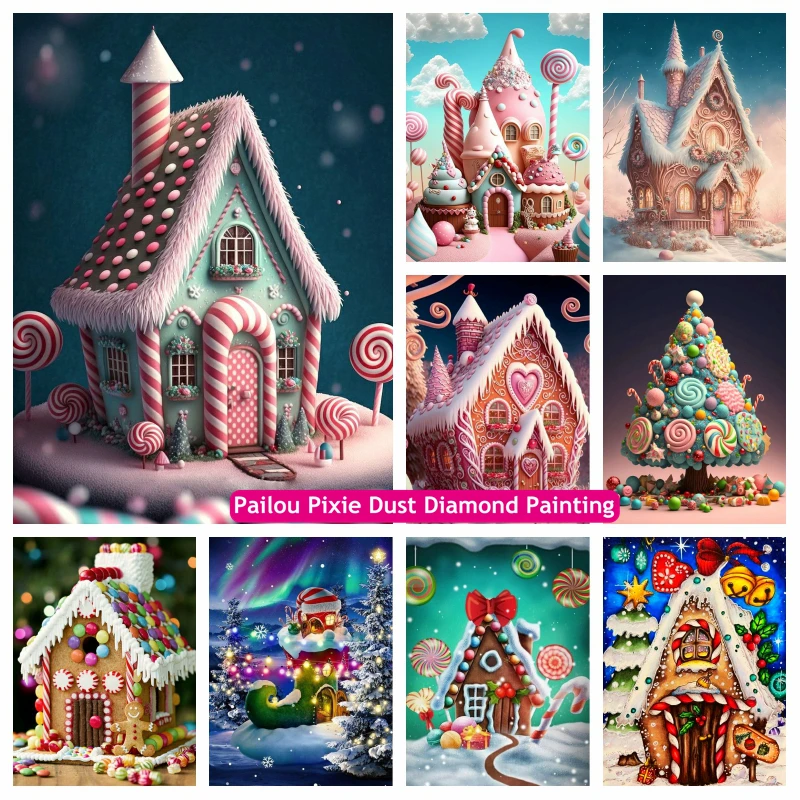 

Fantasy Gingerbread House With Candy Decor AB Drills Diamond Art Painting Christams Handmade Kids Gift Mosaic Home Decor