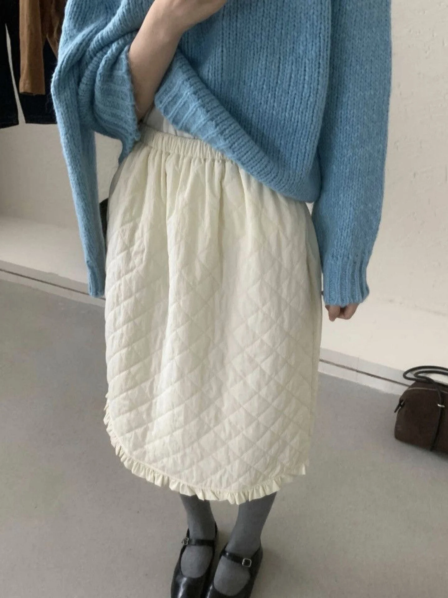 Casual Cotton Gored Half Skirt Diamond Pattern Elastic Waist Straight Cut Women's Autumn Winter New Korean Simple Fashion Skirt