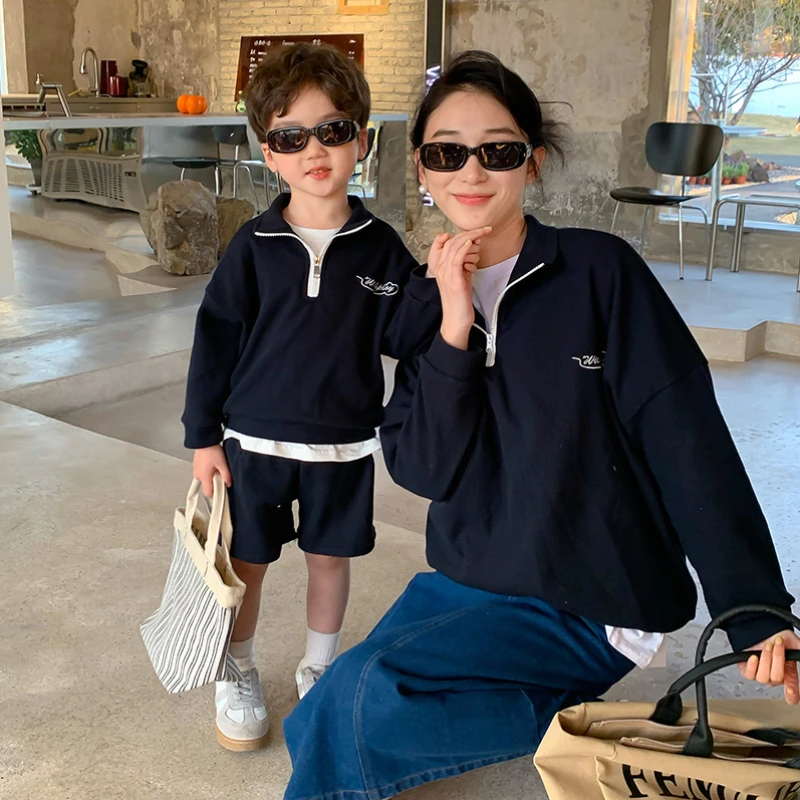 Mother and Son Clothing Women Sweatshirt Long Sleeve Tops Fashion Korean Style Baby Girls Boys Clothes Sets Mom Daughter Clothes