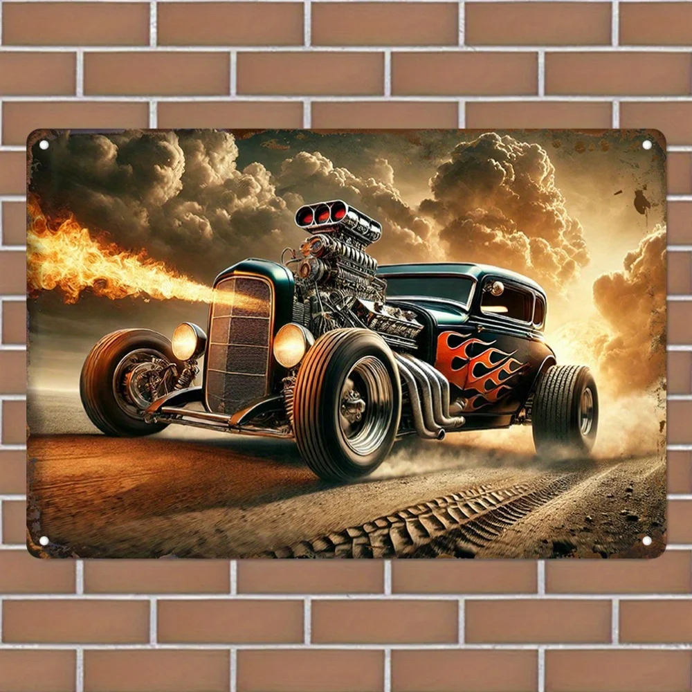 Green Hot Rod Car Metal Sign - Retro 80s Racing Decor with Pre-Drilled Holes, Garage, for Man Cave, Bar, Home Wall Art - No W