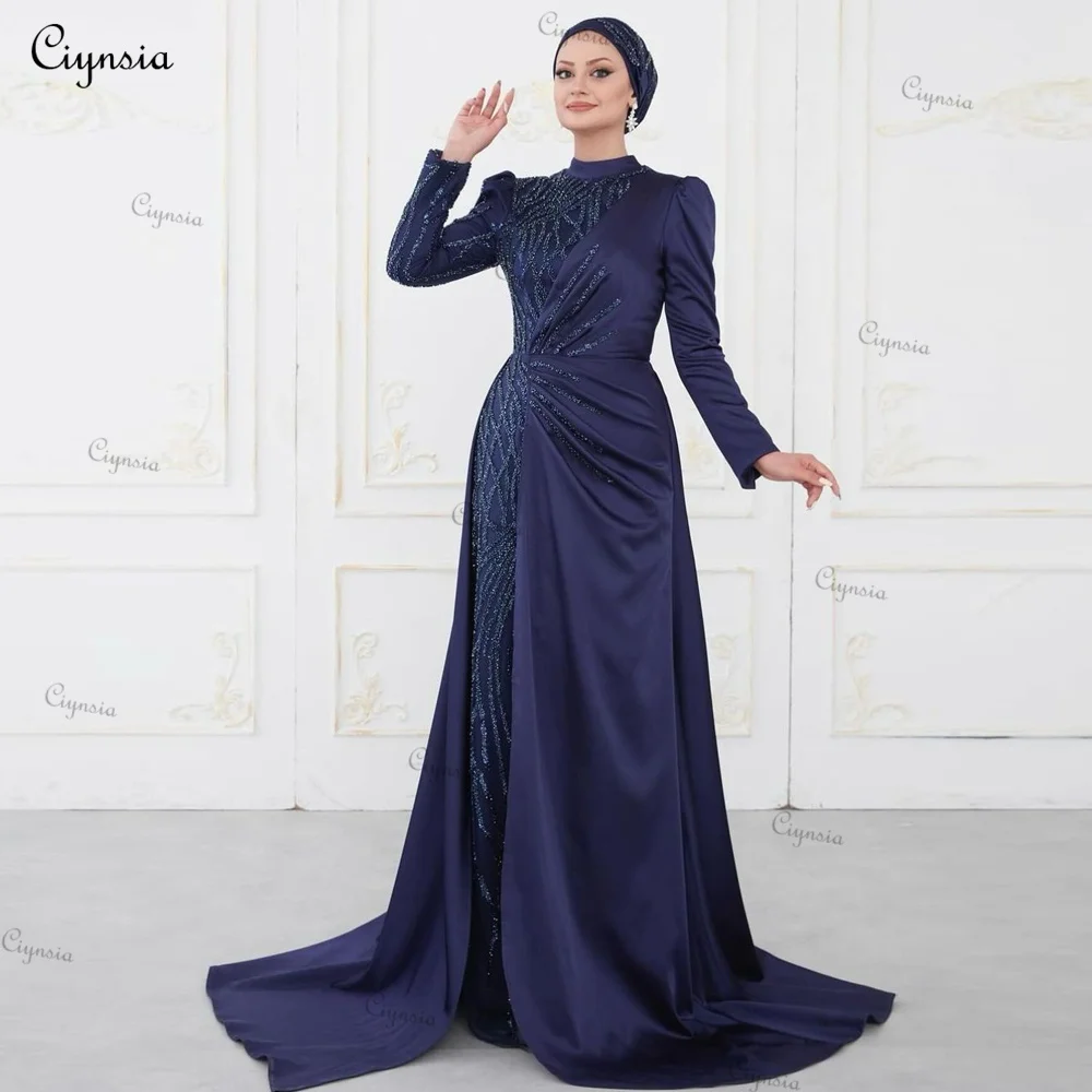 Ciynsia Prachtige Avondjurken Met Volledige Mouw Voor Vrouwen Lovertjes Plooi Donker Marine Formele Prom Jassen Real Picture Robes De Soiree