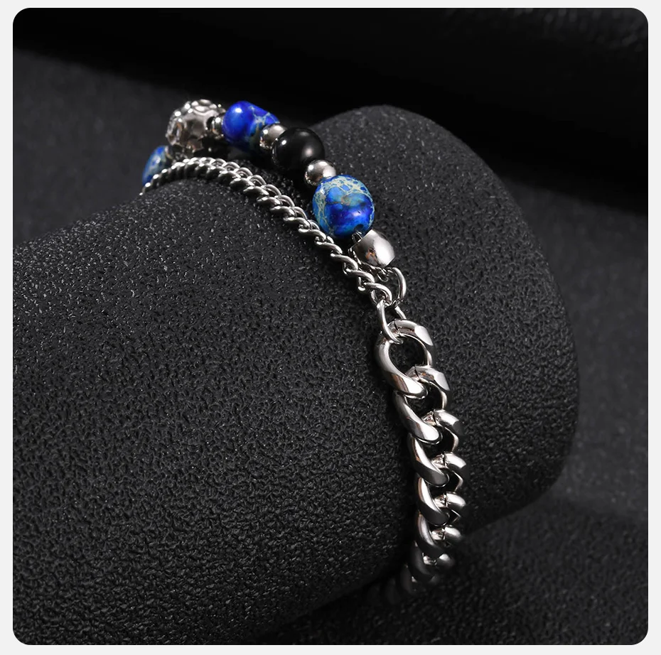 Vnox Herren-Doppelschicht-Armband, Edelstahl Kubanisches Türkis-Perlenarmband, Verstellbarer Schmuck für Männer, für den täglichen Gebrauch und Partys. – Detail 6