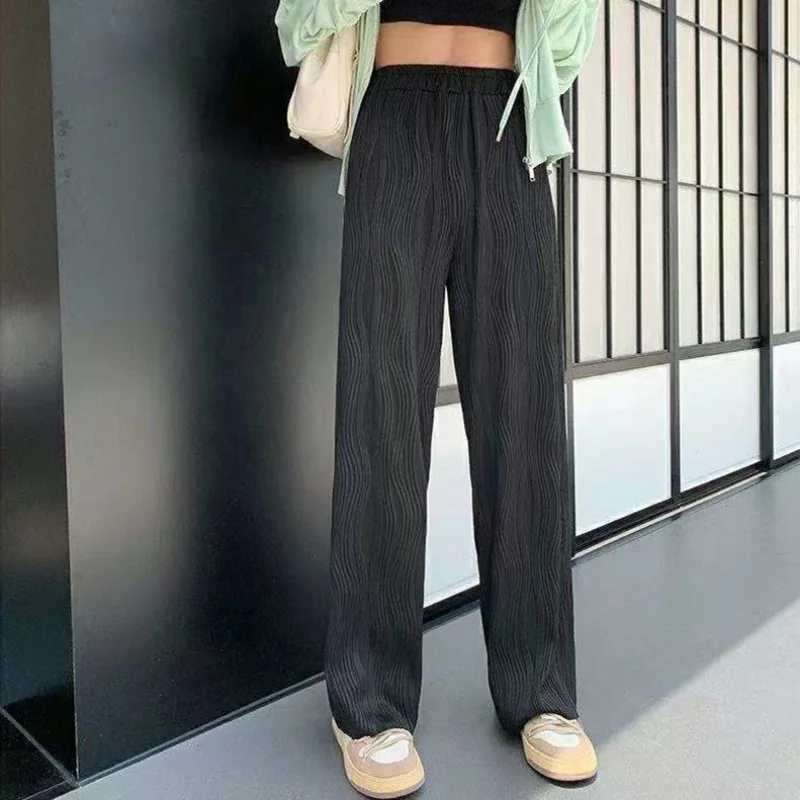 Full Length Pants Women Breathable Fashion Loose Straight Korean Style Solid Elastic Waist Students All-match Spring Clothing