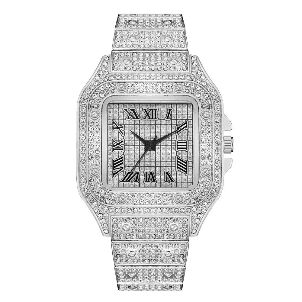 Waterproof Classic Luxury Business Watch Square Roman Scale Quartz Wristwatch Rhinestone Steel Strap Men Watch Jewelry Watch