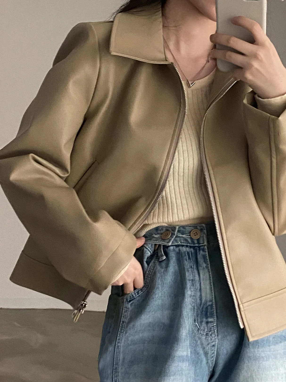 

Sli Cool Biker Leather Jaet Women's Autumn Winter Faion Long Sve Zipper Polyurethane Leather Coat Regular Fit