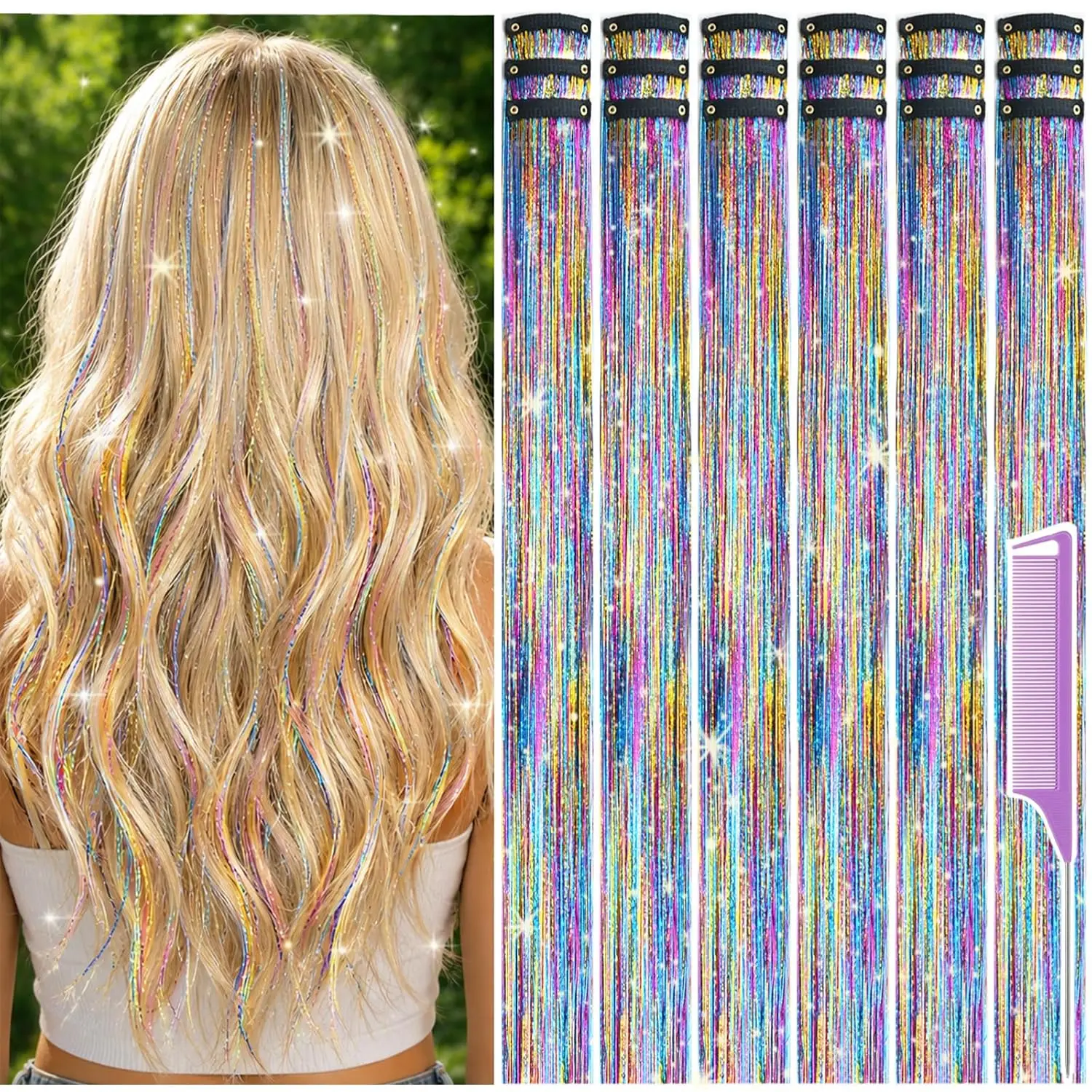 Hair Tinsel Clip in Pack of 18 Pcs Whimsical Rainbow Hair Accessories 22 Inch Glitter Fairy Hair Tinsel Kit for Women Girls