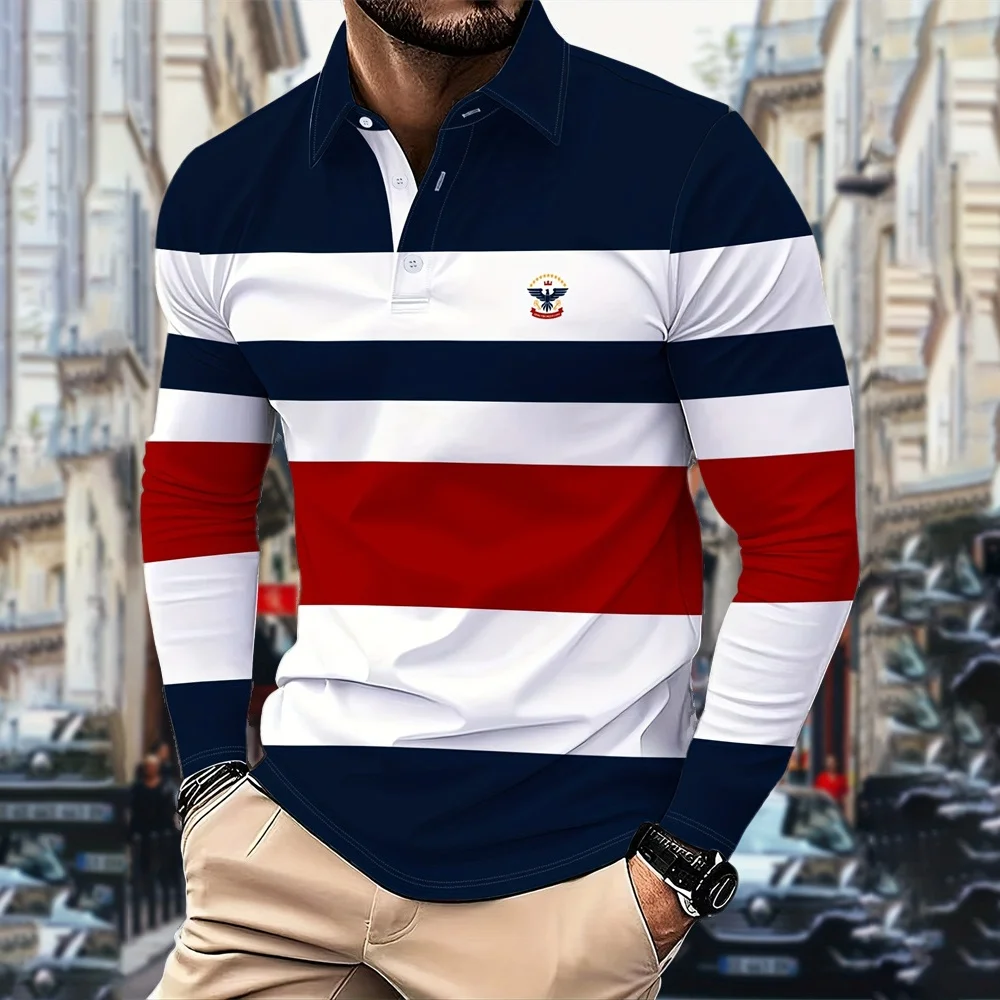 

3D Printed Men's Classic Stripe Polo Shirts Fashion Simple Design Long Sleeve Lapel Pullover Autumn Daily Outdoor Casual Clothes