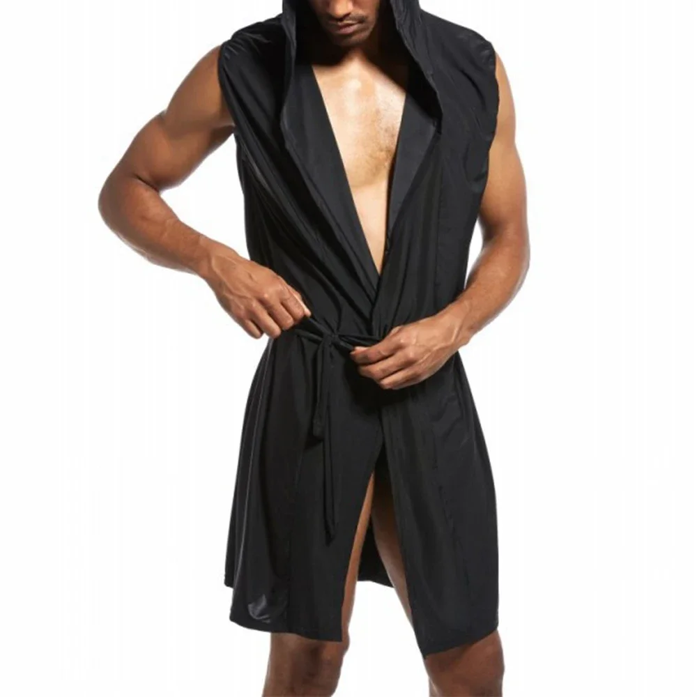 Men's Home Bathrobe Sleeveless Silk Smooth Male Hooded Bathrobe Pajama Comfortable Ultra-thin Bathrobe Lingerie Loose Underwear