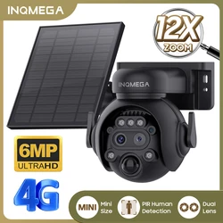 INQMEGA 6MP 12x Zoom Solar Camera WiFi 4G Sim 12x Zoom Dual Lens Solar Cell PTZ Camera PIR Detection Waterproof Security Camera