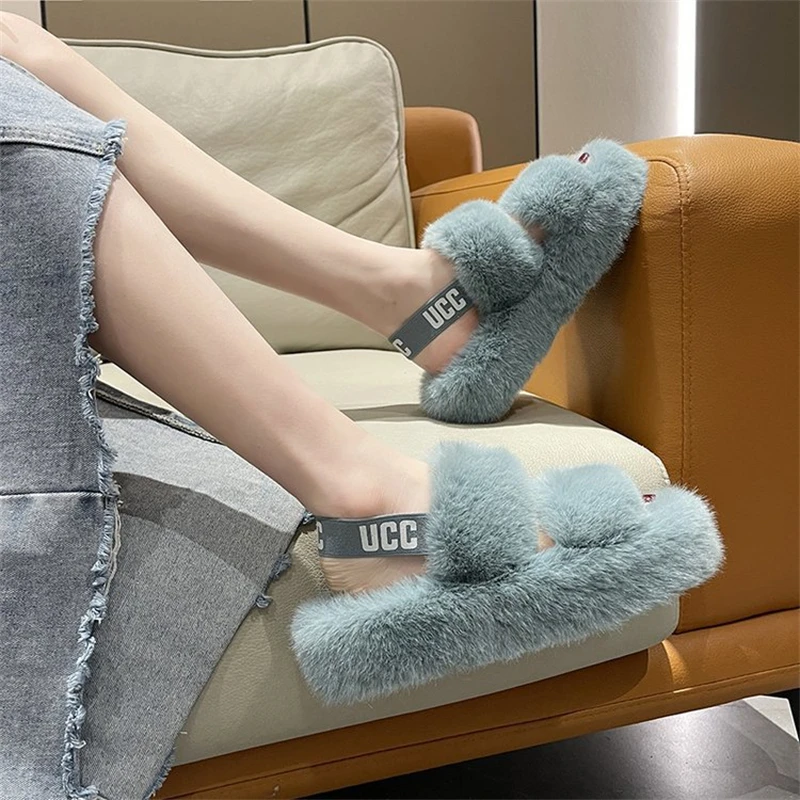 2023 Autumn/Winter New Type Slippers in Europe and America Large Size Back Strap Wearing Home Fur Slippers for Women