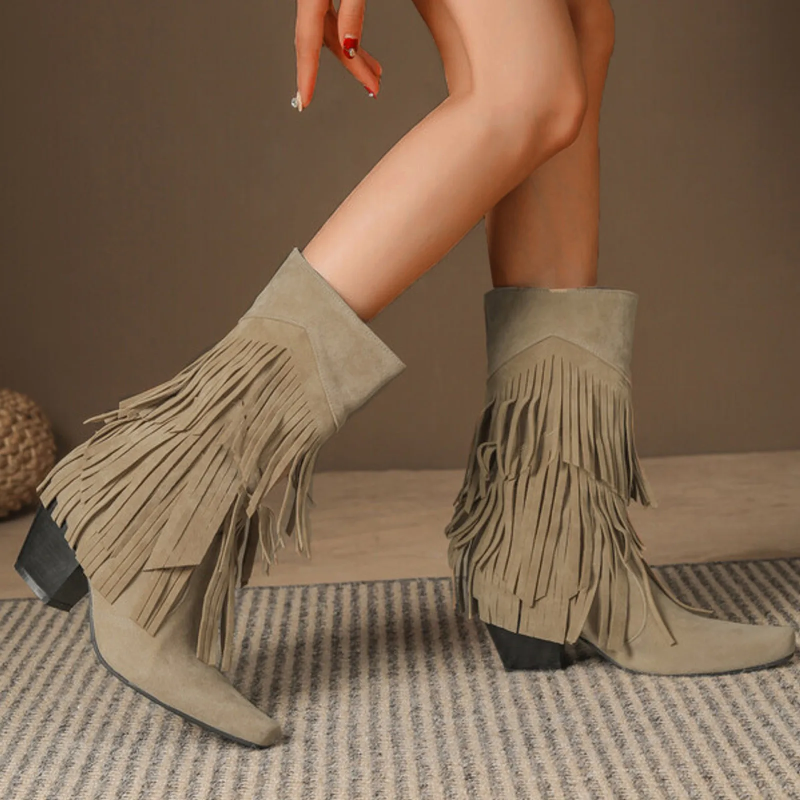 

Ladies Fashion Suede Boots Tassel Decorative Square Toe Chunky High Heels Mid Calf Boots Size 37-42 Women Autumn Winter Botas