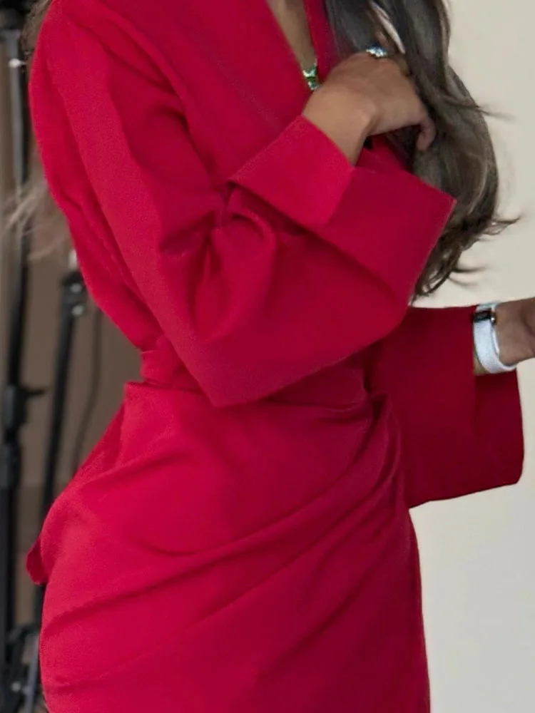 فستان أحمر عالي الخصر مطوي للمكتب على شكل حرف a فستان غير رسمي بقصة ضيقة للحفلات فساتين ماكسي للسيدات برقبة على شكل حرف v وأكمام طويلة للخريف #1