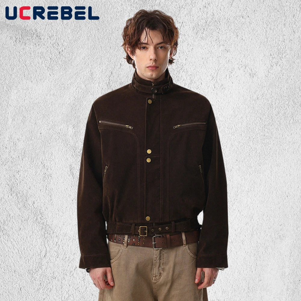 

Zipper Decoration Suede Jacket Mens Spring Retro High Street Stand Collar Long Sleeve Loose Outerwear Man