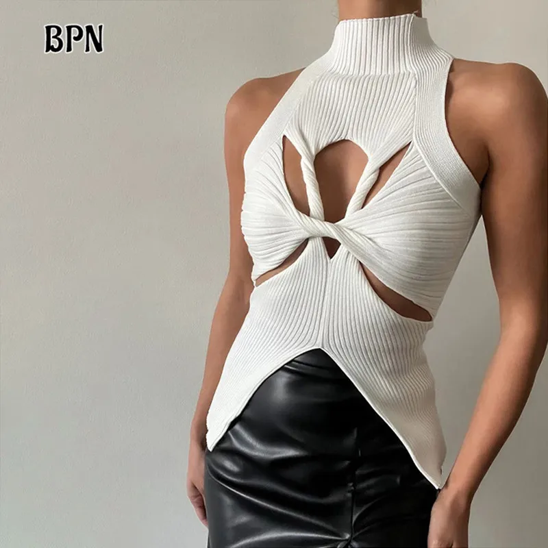 

BPN Sexy Hollow Out Tank Tops For Women Stand Colalr Sleeveless Off Shoulder Solid Casual Slimming Knitting Vests Female Fashion