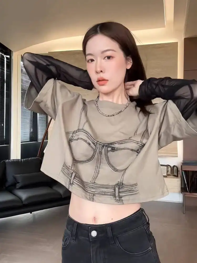 

2026 Summer New Women's American High Street Print Fake Two Piece Long Sleeve T shirt Casual Loose Cropped Top Y2K Streetwear