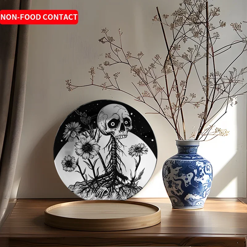 1pc Black White Hand Drawn Skeleton Floral Ceramic Decorative Plate Gothic Home Decor Non-Food Contact Art DishFor home, living