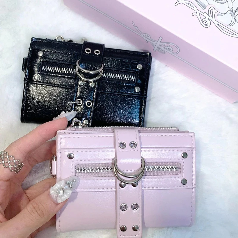 Korean Solid Color Y2k Leather Card Holder Rivet Decor Zippered Women's Purse Multifunctional Women's Wallet Pink And Black